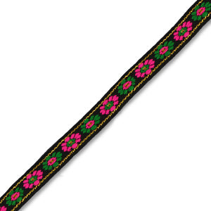 Koord lint geweven bloemen black-pink-green