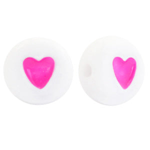 Acryl Hartjes Kralen Neon pink-Wit