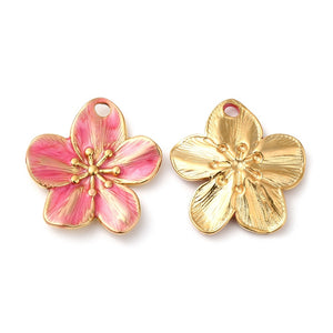 Bedel RVS enamel Bloem deep pink 18K Goud