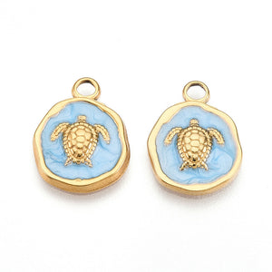 Bedel enamel RVS 18k goud schildpad blauw