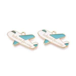 Bedel enamel vliegtuig 'take me far way' wit blauw