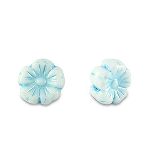 Czech kralen bloem 7mm Light blue metallic-white