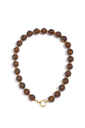 Grote kralen ketting 16mm Retro panter bruin RVS goud