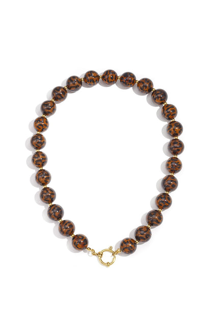 Grote kralen ketting 16mm Retro panter bruin RVS goud