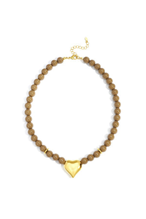 Grote kralen ketting heart casual bruin RVS goud