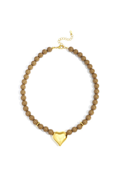 Grote kralen ketting heart casual bruin RVS goud