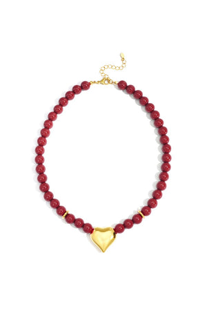 Grote kralen ketting heart casual rood RVS goud