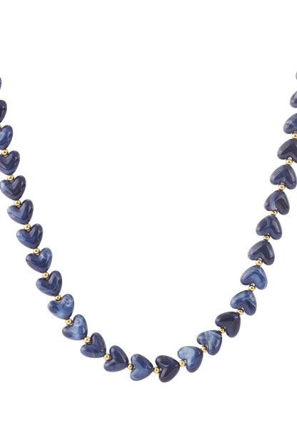 Hartjes kralen ketting blauw RVS goud