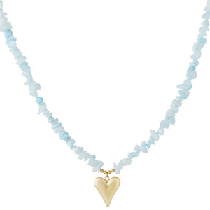 Ketting natuursteen blauw met Hart RVS goud