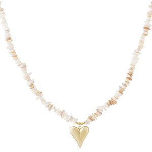 Ketting natuursteen wit met Hart RVS goud