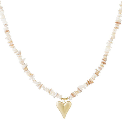 Ketting natuursteen wit met Hart RVS goud