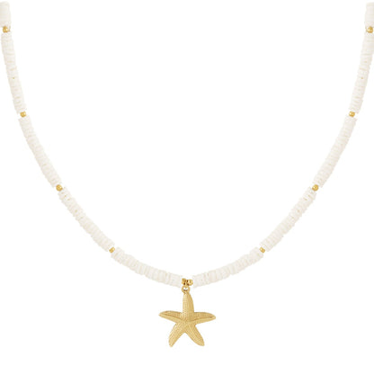 Ketting sea shell wit met Zeester RVS goud