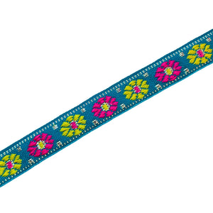 Koord lint geweven bloemen blauwgroen-pink-yellow
