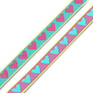 Lint met tekst hartjes Turquoise green-fuchsia-yellow