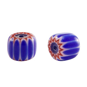 Millefiori glaskraal tube blue red 6x7mm