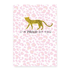 Sieraden kaartjes "proud of you" Leopard white-pink