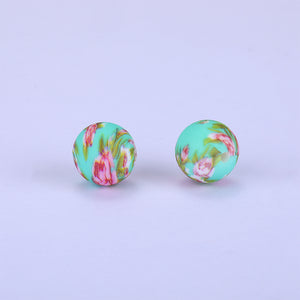 Siliconen kralen 15mm rond met bloemen turquoise